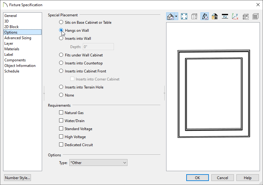 Selecting the Hangs on Wall placement option located on the Options panel of the Specification dialog