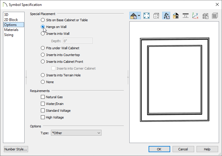 Selecting the Hangs on Wall placement option located on the Options panel of the Symbol Specification dialog