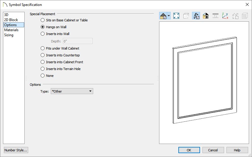 Selecting the Hangs on Wall placement option located on the Options panel of the Symbol Specification dialog
