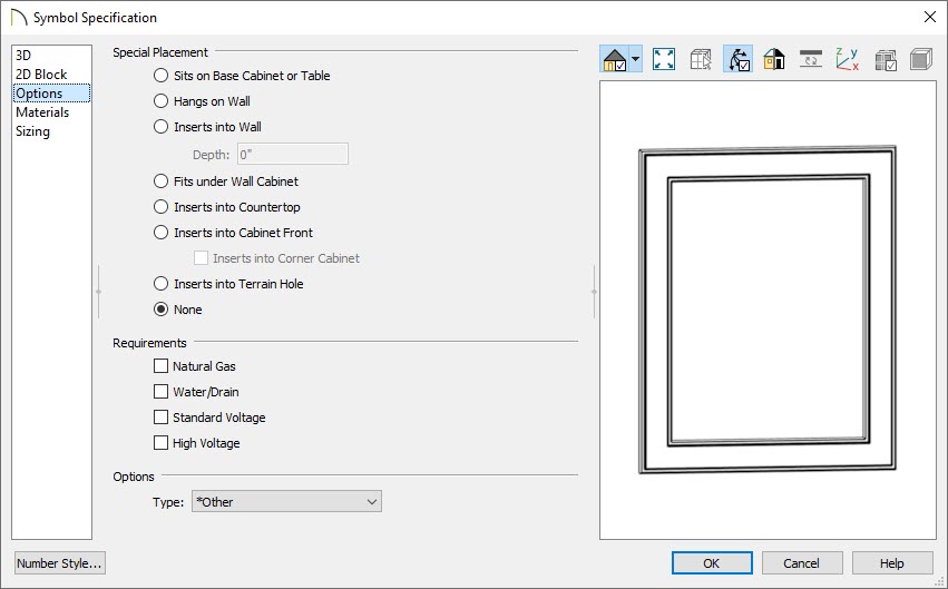 Selecting the Hangs on Wall placement option located on the Options panel of the Symbol Specification dialog