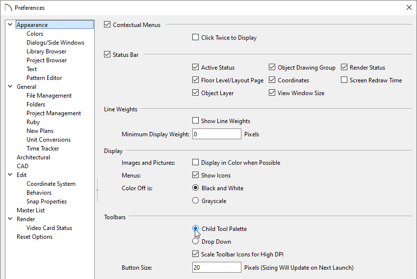 Select Child Tool Palette button in Preferences to switch from dropdowns