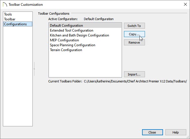 Copy a configuration to create a custom toolbar configuration