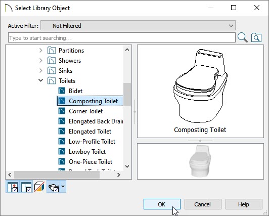 Select library object dialog choosing the composting toilet