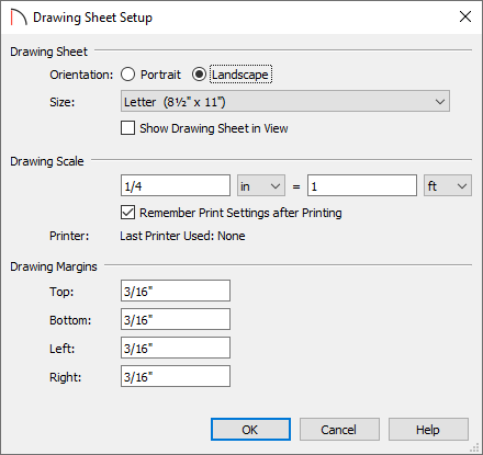 Drawing Sheet Setup dialog in Home Designer Suite