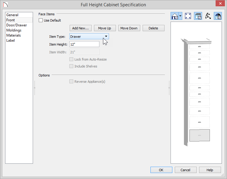 Full Height Cabinet Specification Full Height Cabinet Specification dialog showing Item Type of Drawer and Item Height of 12 inches