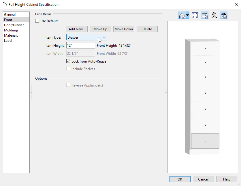 Full Height Cabinet Specification dialog changing the Item Type on the Front panel