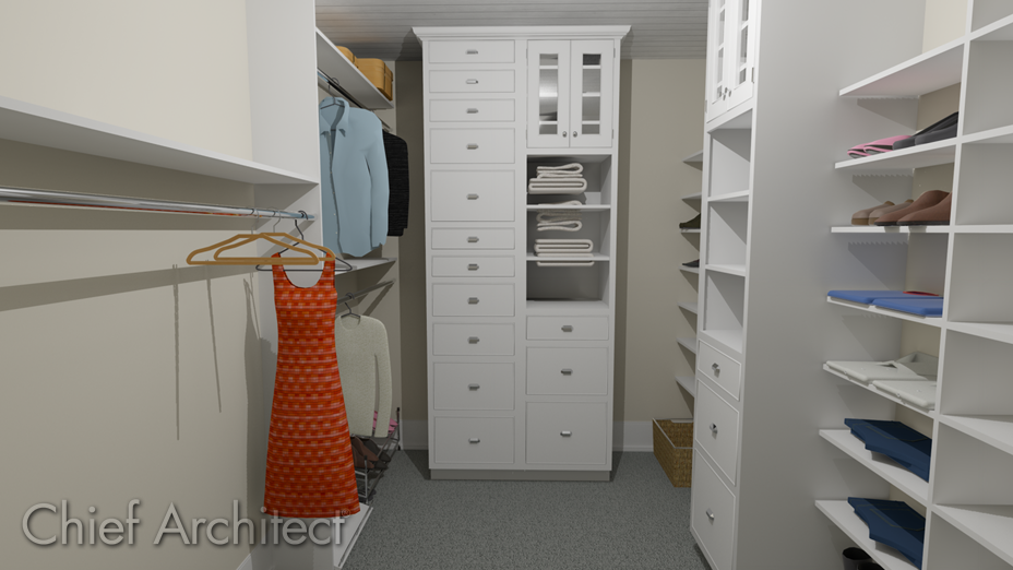 Perspective full overview of a custom closet with a chest of drawers and shelves