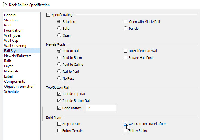 Check Generate on Low Platform located on the Rail Style panel of the Deck Railing Specification dialog