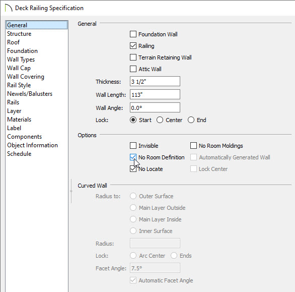 Check No Room Definition on the General panel of the Deck Railing Specification dialog