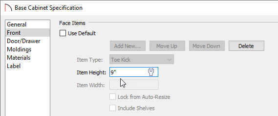 Changing the toe kick height in the Front panel to 9 inches item height