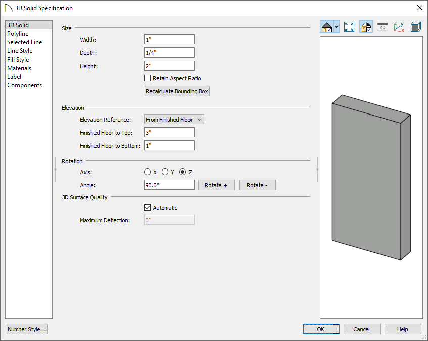 3D Solid Specification sizing