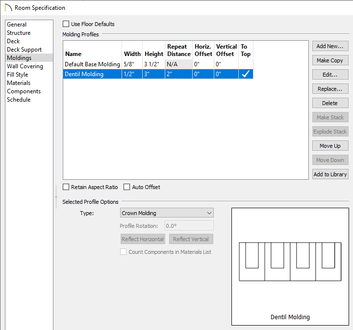 Room Specification dialog on the Moldings panel adding the dentil molding as a crown molding