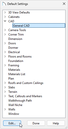 Selecting General CAD in the Default Settings