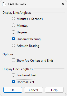 CAD Defaults dialog with Quadrant Bearing and Decimal Feet selected