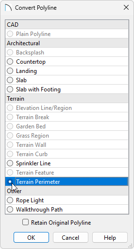 Convert Polyline dialog with Terrain Perimeter selected