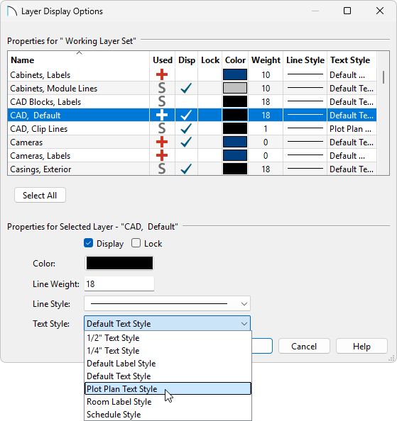Layer Display Options dialog with Plot Plan Text Style set for the Text Style