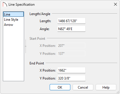 Entering an Angle in the Line Specification dialog