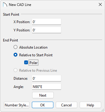 New CAD Line dialog with Relative to Start Point and Polar selected