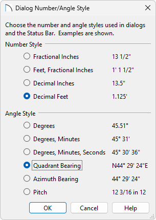 Dialog Number/Angle Style dialog showing Decimal Feet and Quadrant Bearing selected