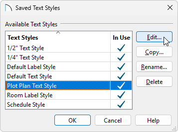 Saved Text Styles diaog with Plot Plan Text Style selected