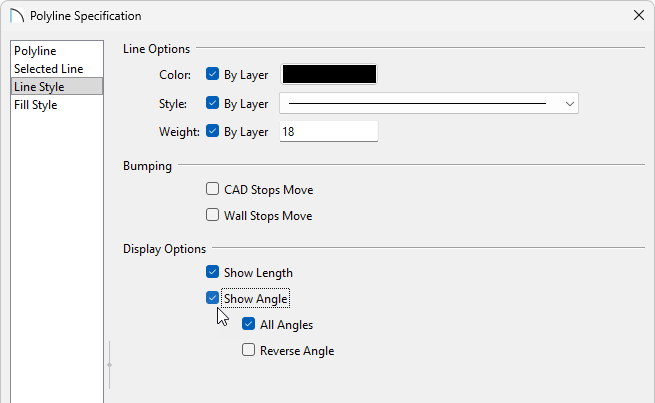 Entering an Angle in the Line Specification dialog