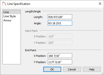 Entering an Angle in the Line Specification dialog