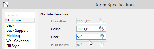 Room Specification Room Specification of Deck with a Floor value of 50 inches