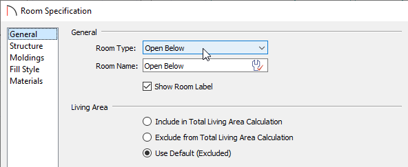 General panel of the Room Specification dialog