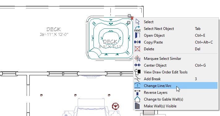 Changing a straight deck edge to a curved one using the change line/arc tool