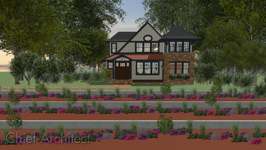 Stepped terrain for a terraced flower bed using a perspective full overview camera in standard rendering technique