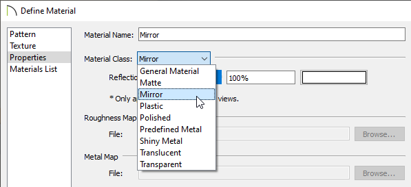 Properties panel of the Define Material dialog where the Material Class can be specified