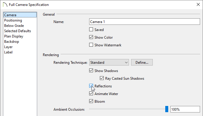 Camera panel of the Full Camera Specification dialog where Reflections can be toggled