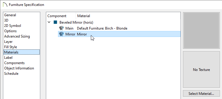 Materials panel of a Specification dialog where the Mirror material can be specified