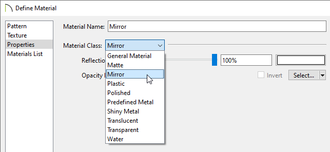 Properties panel of the Define Material dialog where the Material Class can be specified