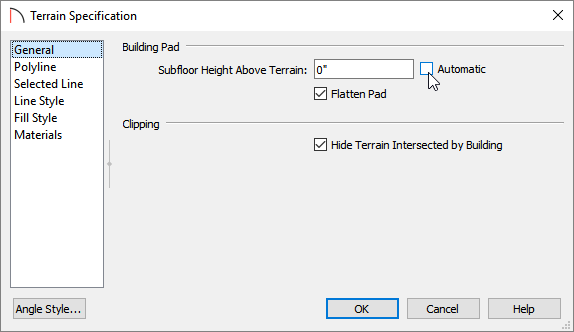Uncheck the Automatic box to change the Subfloor Height Above Terrain value