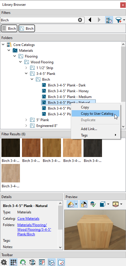 Library Browser with Birch flooring material selected with right-click showing Copy to User Catalog option