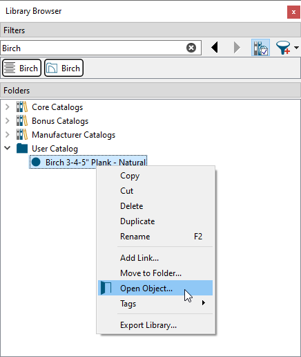 Library Browser showing Right-Click menu on material item in User Catalog with Open Object selected