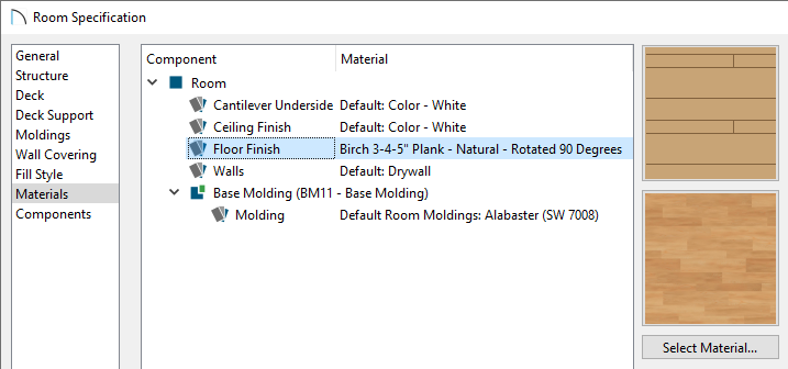 Room Specification dialog with new material selected for the Floor Finish component