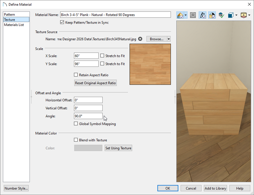 Define Material dialog showing a new Name and 90 degrees entered for the Angle