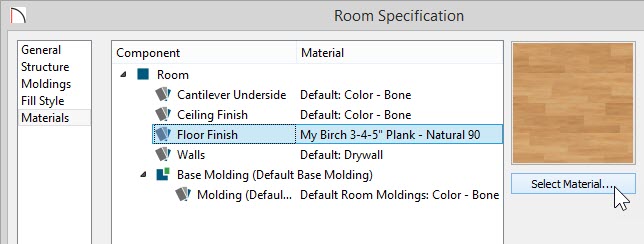 Room Specification Room Specification dialog with new material selected for the Floor Finish component