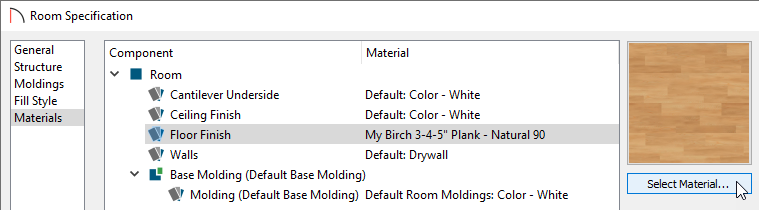 Room Specification dialog with new material selected for the Floor Finish component