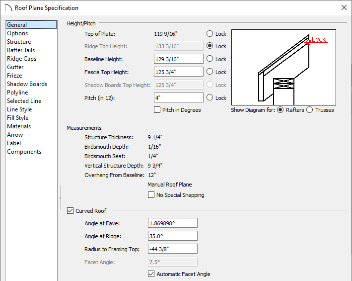 General panel of the Roof Plane Specification dialog