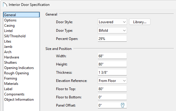 General panel of the Interior Door Specification dialog