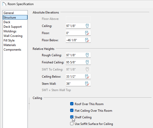 Structure panel of the Room Specification dialog
