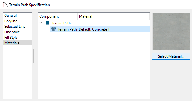 Materials panel of the Terrain Path Specification dialog