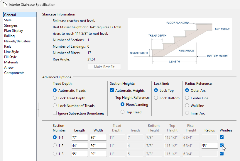 Check the Winders box on the General panel of the Staircase Specification dialog