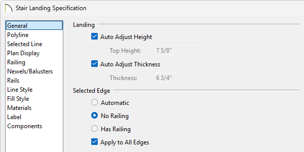 Stair Landing Specification dialog