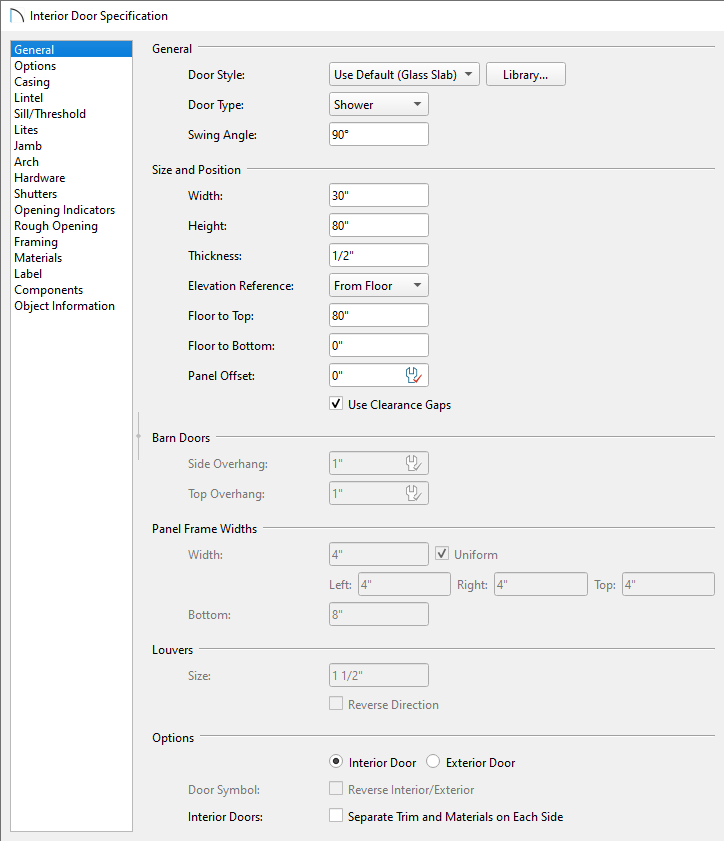 Door Specification dialog of a Glass Shower Door