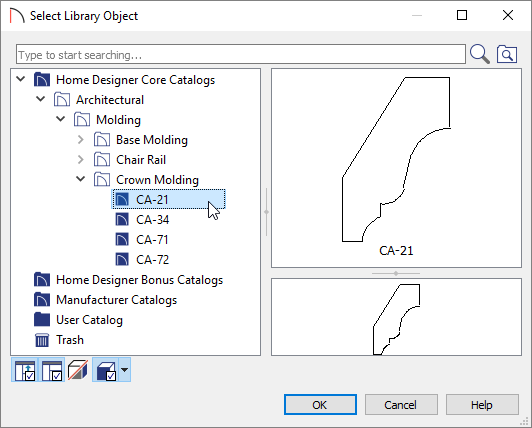 Selecing the CA-21 Crown Molding profile located in the Home Designer Core Catalogs