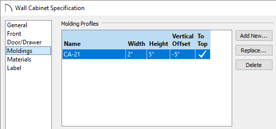 Specify the Molding Profile properties on the Moldings panel